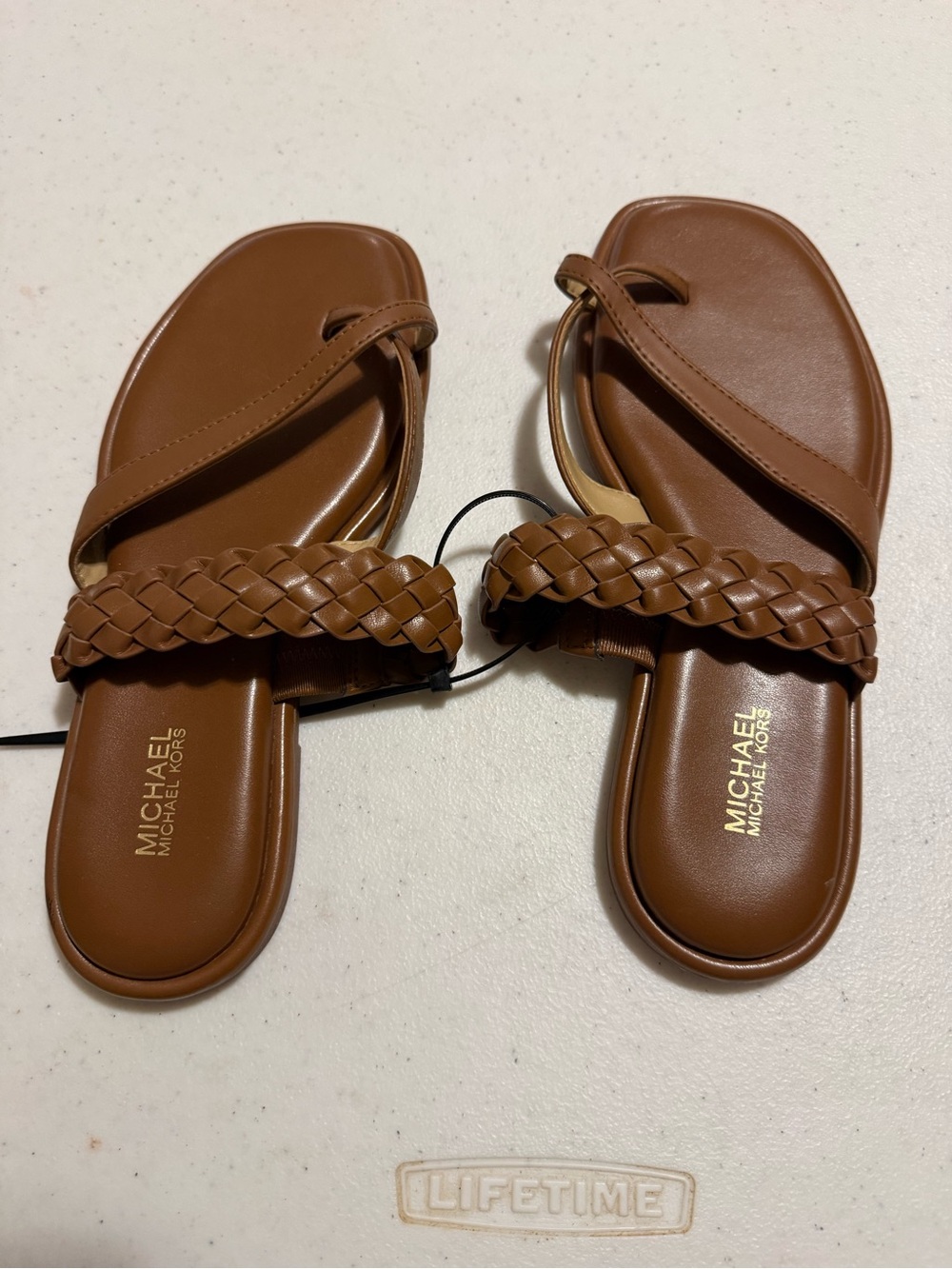 Michael Kors Tan Braided Leather Slide Sandals NWOT